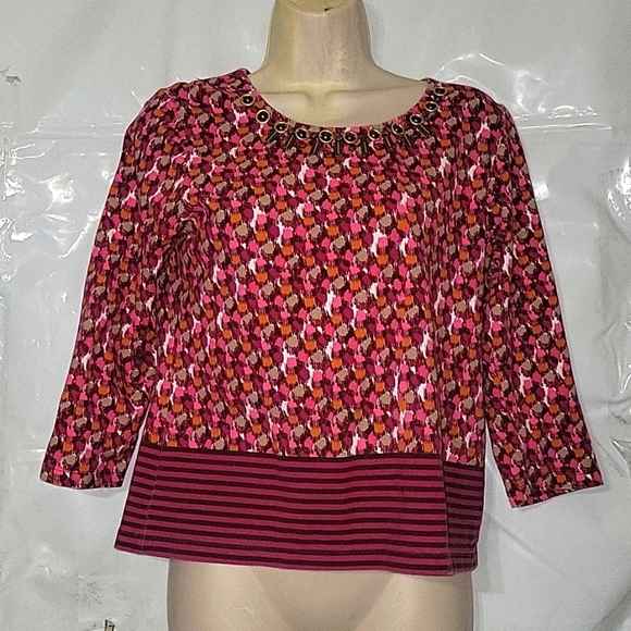 RUBY RD Abstract Print Top Embellished Neckline 3/4 Sleeve Blouse Contemporary - Picture 1 of 4